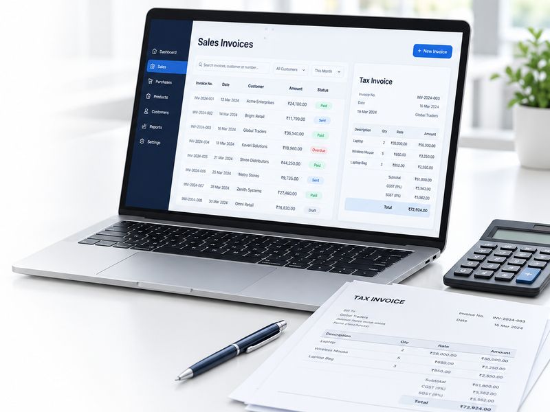 A laptop showing an invoicing screen beside a printed tax invoice, pen and calculator