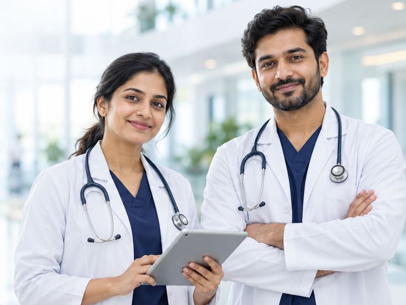 Two doctors in a bright hospital corridor, one holding a tablet